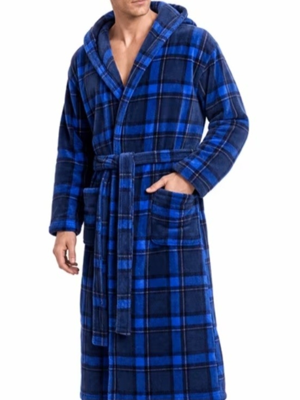 Men's Blue Plaid Hooded Robe Coat